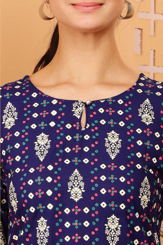 Blue Rayon Geometric Print Short Kurta
