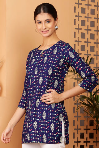 Blue Rayon Geometric Print Short Kurta