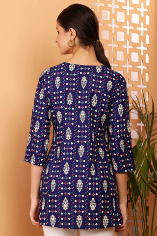Blue Rayon Geometric Print Short Kurta