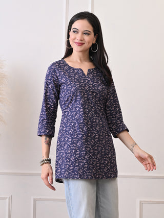 Blue Rayon Printed Short Kurta