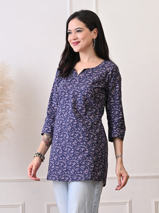 Blue Rayon Printed Short Kurta