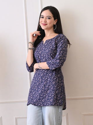 Blue Rayon Printed Short Kurta