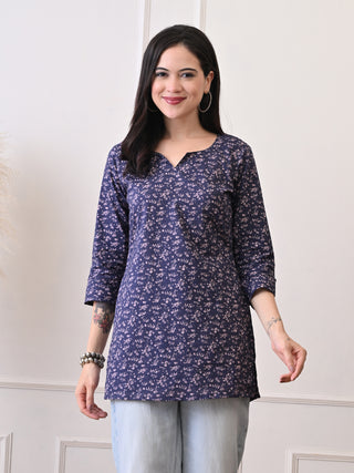 Blue Rayon Printed Short Kurta