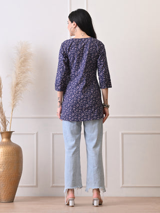 Blue Rayon Printed Short Kurta