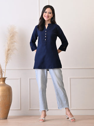 Blue Solid Cotton Blend Short Kurta