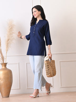 Blue Solid Cotton Blend Short Kurta