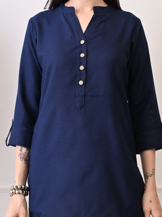 Blue Solid Cotton Blend Short Kurta