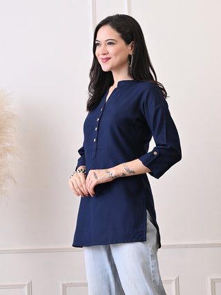 Blue Solid Cotton Blend Short Kurta