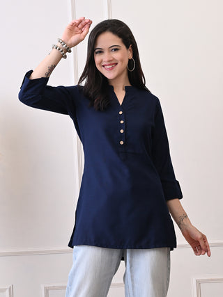 Blue Solid Cotton Blend Short Kurta