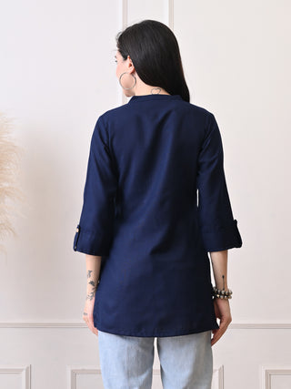 Blue Solid Cotton Blend Short Kurta