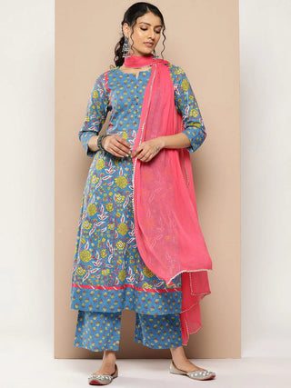 Blue Cotton A Line Floral Print Kurta Palazzo Set with Organza Dupatta