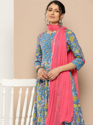 Blue Cotton A Line Floral Print Kurta Palazzo Set with Organza Dupatta