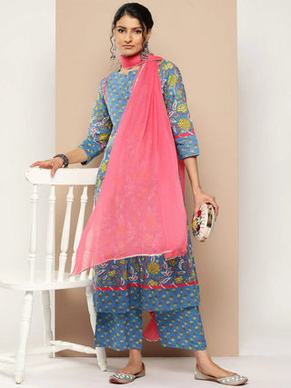 Blue Cotton A Line Floral Print Kurta Palazzo Set with Organza Dupatta