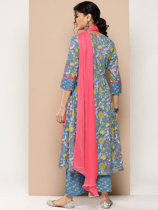 Blue Cotton A Line Floral Print Kurta Palazzo Set with Organza Dupatta