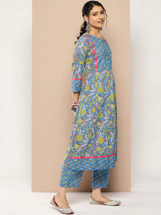 Blue Cotton A Line Floral Print Kurta Palazzo Set with Organza Dupatta