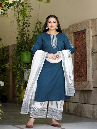 Blue & White Cotton Ethnic Motif Embroidered & Zari Detailing Straight Shape Suit Set with Voile Dupatta