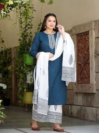 Blue & White Cotton Ethnic Motif Embroidered & Zari Detailing Straight Shape Suit Set with Voile Dupatta