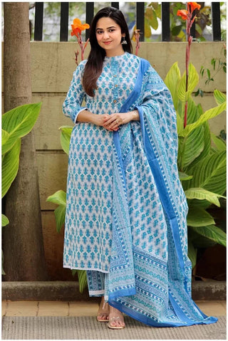 Light Blue & White Viscose Block Print Straight Shape Suit Set with Chanderi Cotton Dupatta