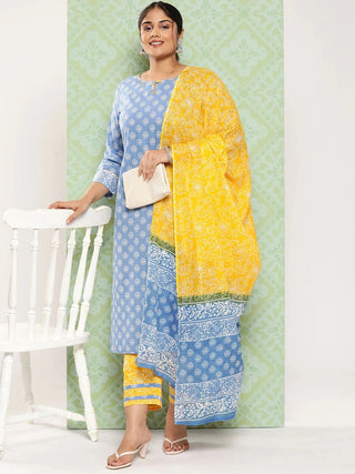 Blue & Yellow Cotton Ethnic Motif Print Straight Shape Suit Set with Dupatta