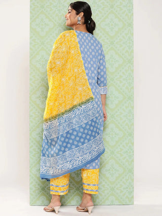 Blue & Yellow Cotton Ethnic Motif Print Straight Shape Suit Set with Dupatta