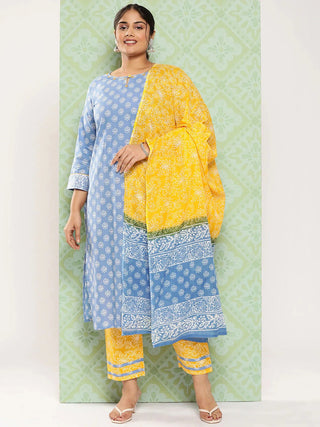 Blue & Yellow Cotton Ethnic Motif Print Straight Shape Suit Set with Dupatta