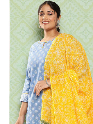 Blue & Yellow Cotton Ethnic Motif Print Straight Shape Suit Set with Dupatta