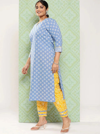 Blue & Yellow Cotton Ethnic Motif Print Straight Shape Suit Set with Dupatta