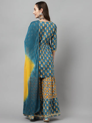 Blue Cotton Flared Printed Sharara Set with Chinon Dupatta