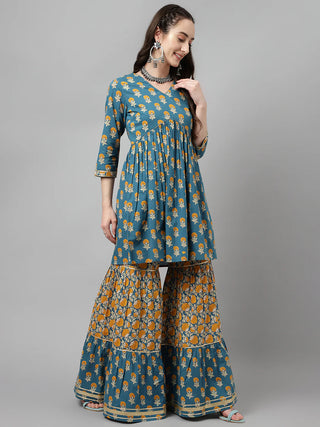 Blue Cotton Flared Printed Sharara Set with Chinon Dupatta