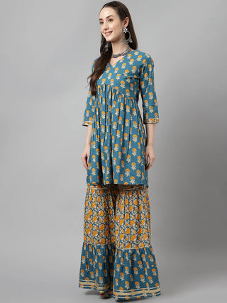 Blue Cotton Flared Printed Sharara Set with Chinon Dupatta