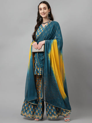 Blue Cotton Flared Printed Sharara Set with Chinon Dupatta