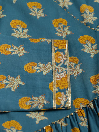 Blue Cotton Flared Printed Sharara Set with Chinon Dupatta