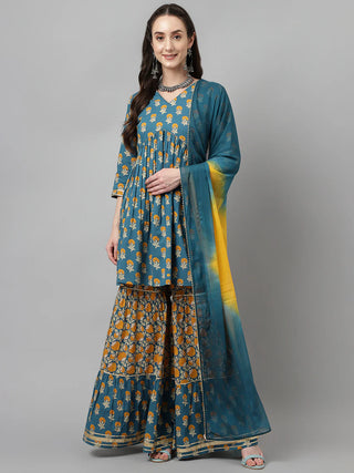 Blue Cotton Flared Printed Sharara Set with Chinon Dupatta