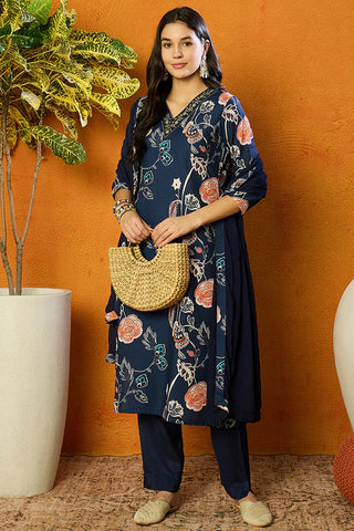 Blue Cotton Blend Floral Print Suit Set with Dupatta