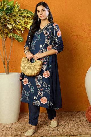 Blue Cotton Blend Floral Print Suit Set with Dupatta