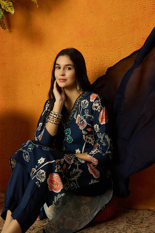 Blue Cotton Blend Floral Print Suit Set with Dupatta