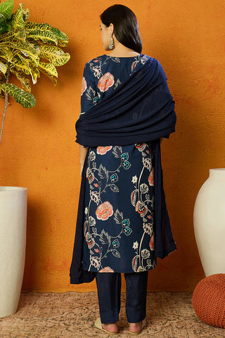 Blue Cotton Blend Floral Print Suit Set with Dupatta