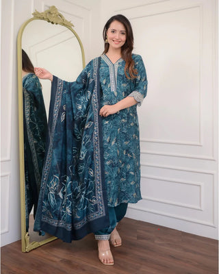 Teal Blue Viscose Printed & Embroidered Straight Shape Suit Set with Chanderi Cotton Dupatta