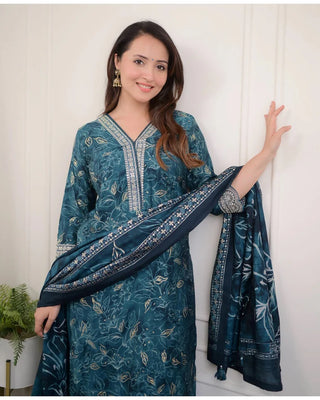 Teal Blue Viscose Printed & Embroidered Straight Shape Suit Set with Chanderi Cotton Dupatta