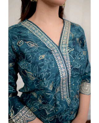 Teal Blue Viscose Printed & Embroidered Straight Shape Suit Set with Chanderi Cotton Dupatta