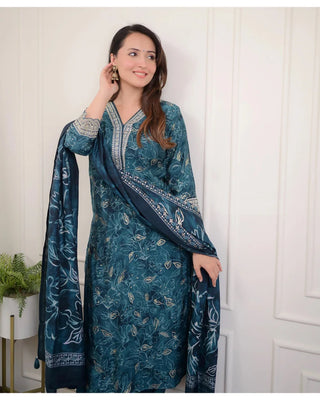 Teal Blue Viscose Printed & Embroidered Straight Shape Suit Set with Chanderi Cotton Dupatta