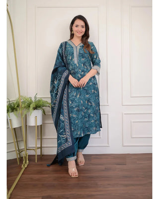 Teal Blue Viscose Printed & Embroidered Straight Shape Suit Set with Chanderi Cotton Dupatta