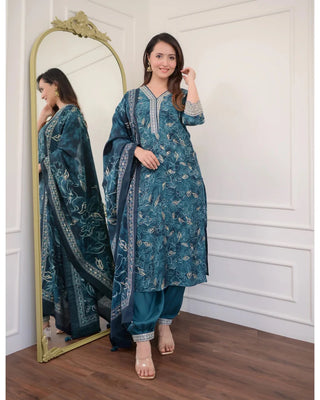 Teal Blue Viscose Printed & Embroidered Straight Shape Suit Set with Chanderi Cotton Dupatta