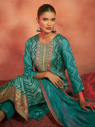 Blue Tissue Silk Chevron Jacquard Straight Shape Kurta with Viscose Bottom and an Organza Dupatta