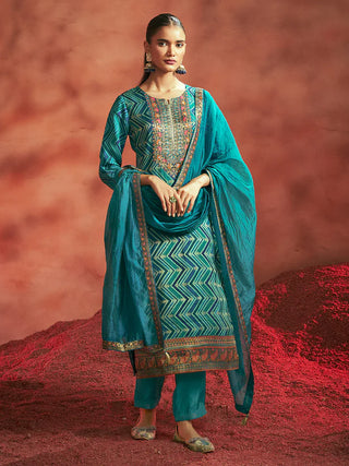 Blue Tissue Silk Chevron Jacquard Straight Shape Kurta with Viscose Bottom and an Organza Dupatta