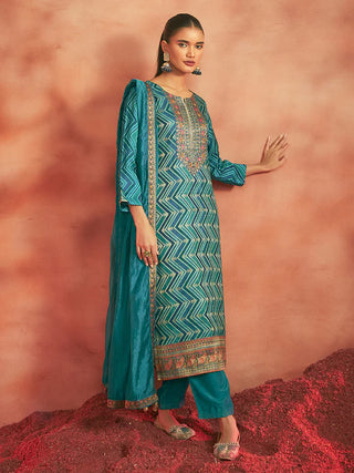 Blue Tissue Silk Chevron Jacquard Straight Shape Kurta with Viscose Bottom and an Organza Dupatta