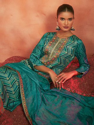 Blue Tissue Silk Chevron Jacquard Straight Shape Kurta with Viscose Bottom and an Organza Dupatta