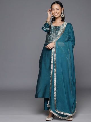 Blue Silk Blend Ethnic Motif Embroidered Suit Set with Silk Chiffon Dupatta