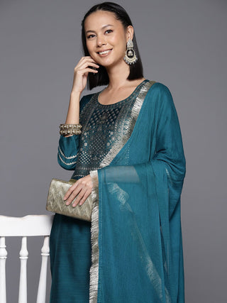 Blue Silk Blend Ethnic Motif Embroidered Suit Set with Silk Chiffon Dupatta