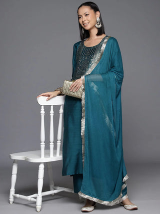 Blue Silk Blend Ethnic Motif Embroidered Suit Set with Silk Chiffon Dupatta